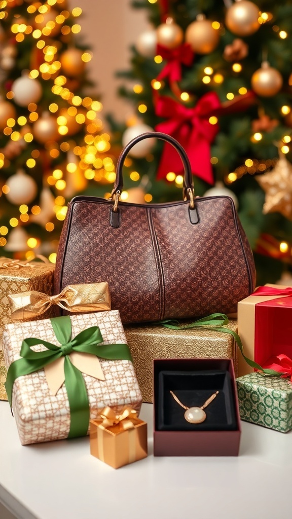 Luxurious Christmas gifts including a designer handbag, gourmet chocolates, and elegant jewelry, beautifully arranged with festive decorations.